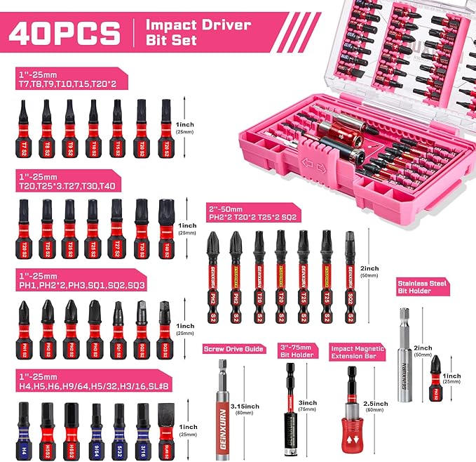 Geinxurn 40Pieces Impact Screwdriver Bits Set, Magnetic S2 Steel Phillips/Slotted/Square/Torx Insert Power Bits Tips, Impact Bit Holder with Pink Storage Box Case