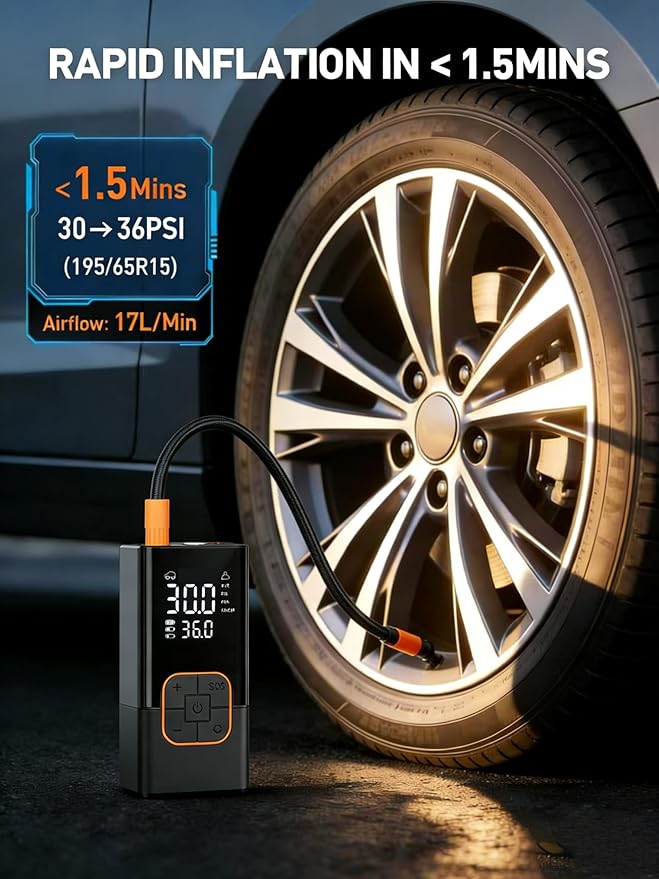Tire Inflator Portable Air Compressor Cordless Mini Bike Pump with Digital Display, 150 PSI Car Tires Air Pump with Pressure Gauge, LED Lights & Pressure Gauge for Car, Motorcycle, Bike, Balls