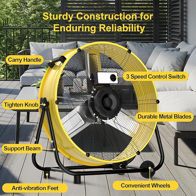 Uthfy 30 Inch High Velocity Floor Fan, 14000CFM Heavy Duty Industrial Drum Fan with 3 Speeds, 360° Tilt Metal Garage Fan with Wheels for Warehouse, Commercial, Workshop, Factory and Gym