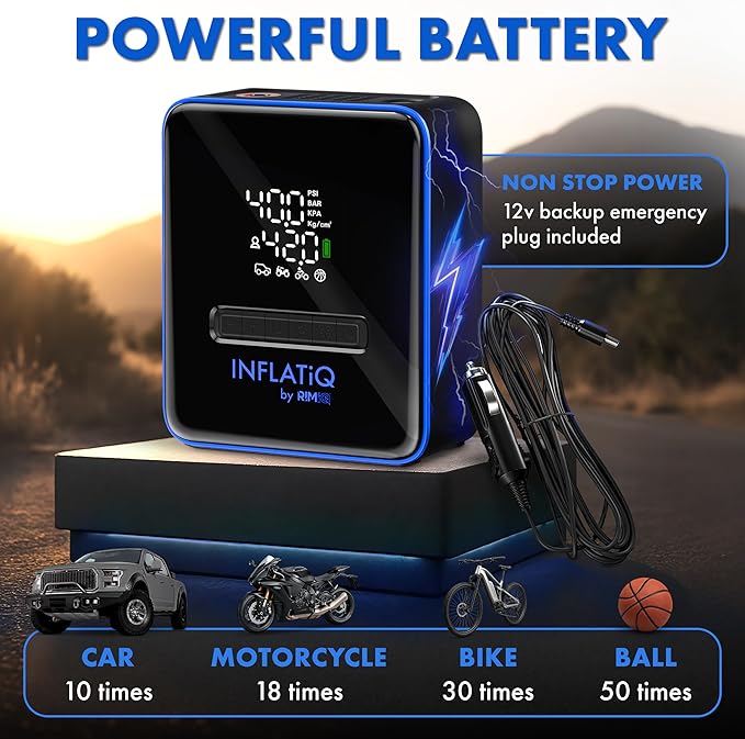 INFLATiQ by RIMiQ Tire Inflator Blue - Powerful, Award-Winning QWIKFLOW Technology with 2 Portable Power Options Included - Strong Vehicle Air Pump for Trucks, Cars, Motorcycles, Bicycles, Balls
