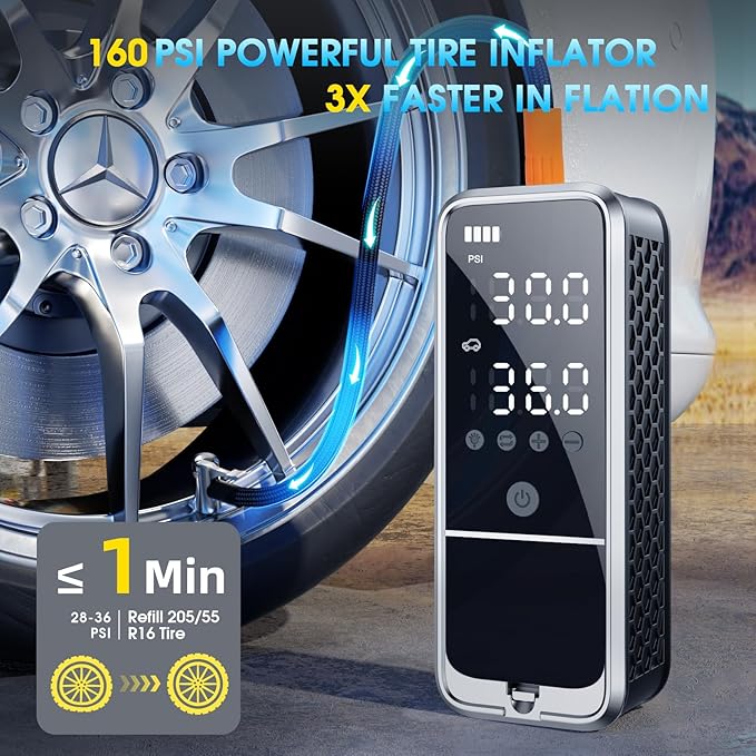 Tire Inflator Portable Air Compressor, 6000mAh Air Pump for Car Tires 160 PSI Portable Air Pump with Tire Gauge Pressure & LED Light & Auto Shut-Off Cordless Bike Pump for Car, Motor, Bike, Ball