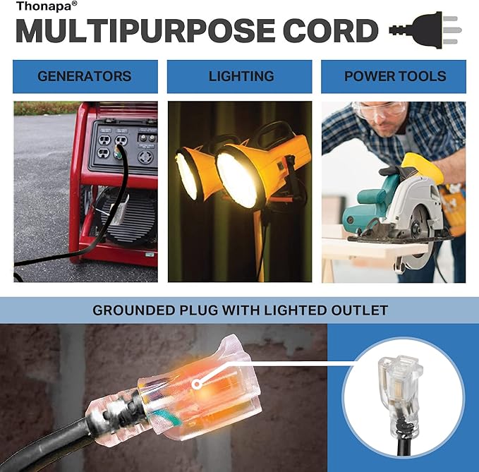 Thonapa 6 Foot Outdoor Extension Cord - 12/3 Heavy Duty Black Extension Cable with 3 Prong Grounded Plug for Safety - Great for Garden, Tools and Major Appliances