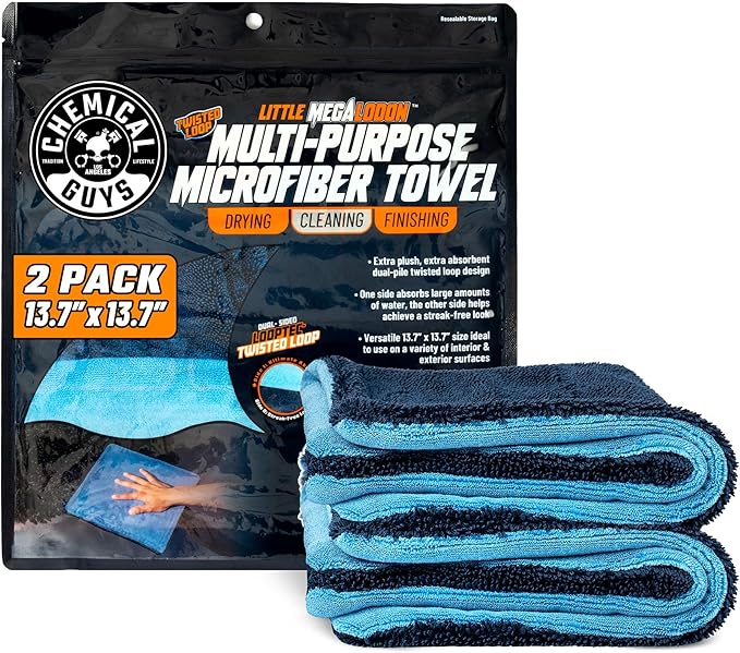 Chemical Guys Little Megalodon Multi Purpose Microfiber Towel (2 Pack) 13.7 x 13.7 Inch – Ultra Plush Detailing Towels for Car Wash, Drying, Interior Cleaning, Glass, Dusting & Polishing
