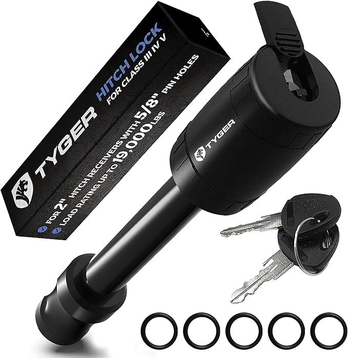 Tyger Auto Solid Hitch Lock Pin with Locking Key - 5/8 inch Pin Holes on 2 inch Receivers | Class III IV V | 19,000 lb Load Rating | TG-HL3U001B | Weatherproof Anti-Theft