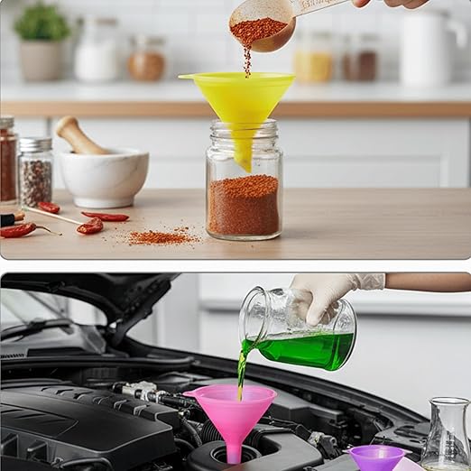 Plastic Funnel Set of 5 | Multi-Size & Multi-Color Mini Funnels for Bottles, Essential Oils, Spices, Powders, Automotive Fluids | BPA-Free Food Grade Plastic