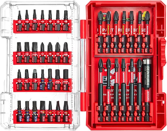 Geinxurn 42Pieces Impact Screwdriver Bits Set, Magnetic S2 Steel Phillips/Slotted/Square/Torx Insert Power Bits Tips, Impact Bit Holder with Red Storage Box Case