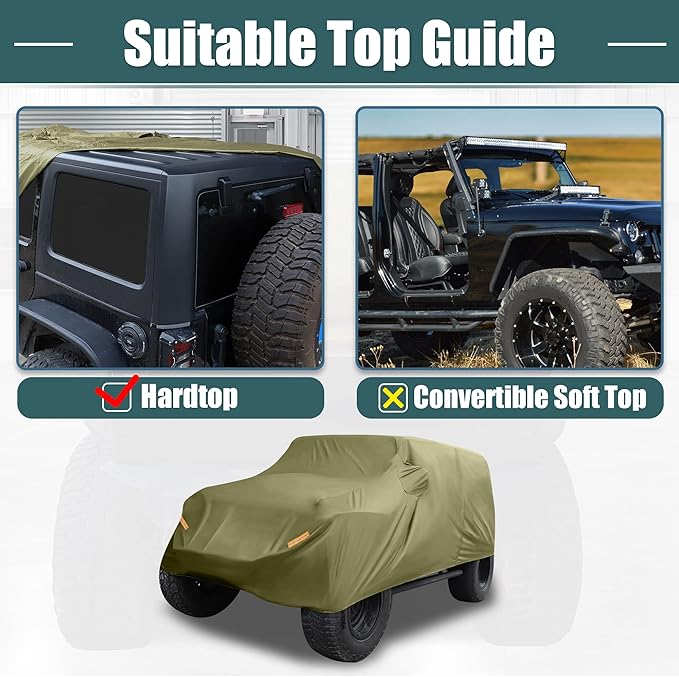X AUTOHAUX SUV Car Cover Fit for Jeep Wrangler JK JL 2 Door 2007-2021 Outdoor Waterproof Sun Rain Dust Wind Snow Protection 210D Oxford Dark Green