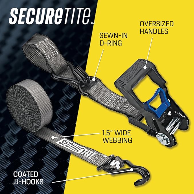 Secure Tite 1-1/2” x 20’ Tie Down Ratchet Straps, Ratchet Tie Down Straps, Double J-Hook, 1667 lbs Working Load Limit, 5000 lbs Break Strength, 4-Pack