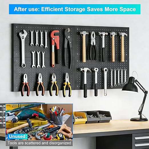 Metal Pegboard Panels 4 Pack, 24" x 12" Heavy Duty Rust-Proof Wall Organizer, Sturdy Steel Storage Board for Garage, Workshop & Craft Room, Black