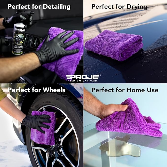 PROJE' Purple Microfiber Towel for Car - Ultra Absorbent - Car Drying, Polishing, Buffing Cloth & Interior Detailing Towel - 500 GSM 16x16in - Auto Detailing Supplies - Pack of 3 Premium Car Care