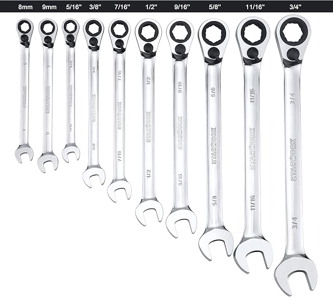 STARWORK TRUE MECHANIC™ 20 Pc. Reversible Ratcheting Wrench Set, Combination Ratchet Wrench Set, Non-Slip, Long Pattern, 6-Point 15° Offset, Professional, SAE/Metric (5/16-3/4" & 8-19 mm)