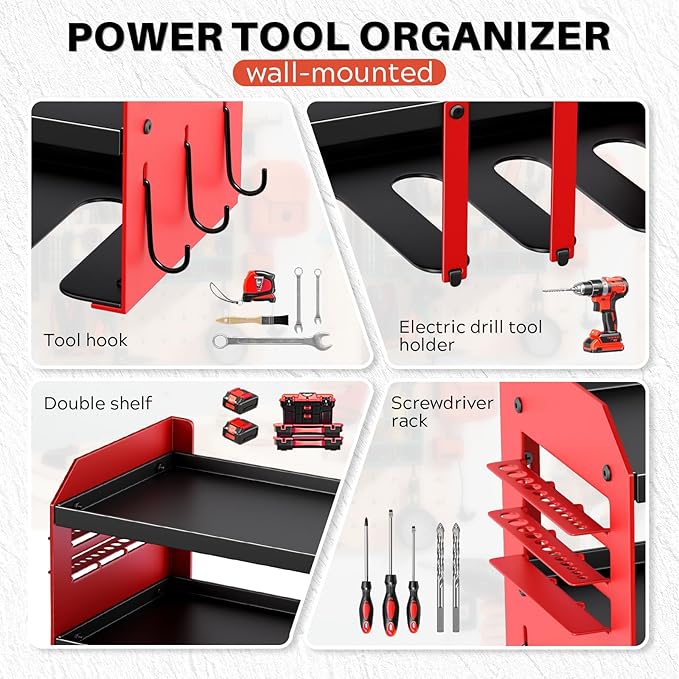 Power Tool Organizer Wall Mount - 120Lbs Load 3 Layers Storage Rack 4 Drill Holders for Drills Cordless Heavy Duty lron Garage Tool Organizer Storage - Workshop Shed Pegboard Basement, Gifts for Men