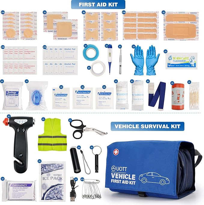UOTT First Aid Kit for Car – Vehicle Emergency Kit with Detachable Modules, Window Breaker, Splint, Reflective Vest – for Travel, Commute & Roadside Emergencies, Compact Blue Bag