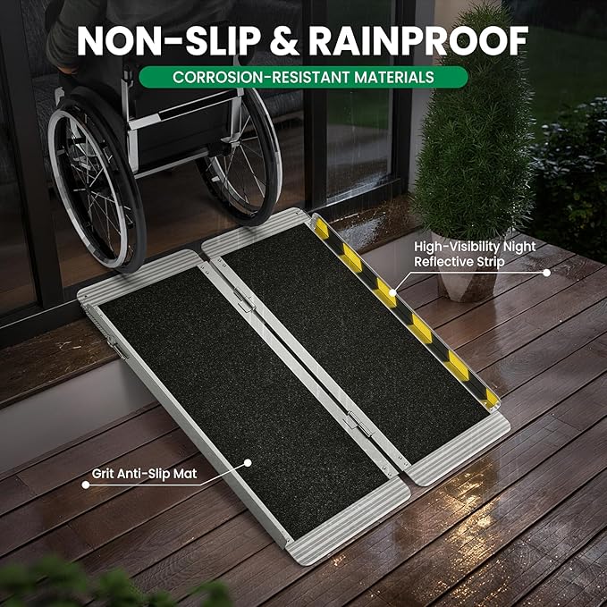 3 Feet Portable Wheelchair Ramp, 600 LBS Capacity Folding Aluminum Threshold Ramp with Anti-Slip Surface, Mobility Access Handicap Ramp for Home Steps, Doorway, Stairs, Doorways, Scooter