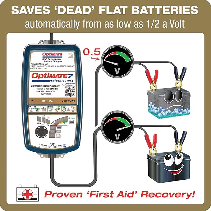 Optimate 7 Select - 12V 10A, TM-251v3, 9-Step Gold Series Battery Saving Charger & maintainer