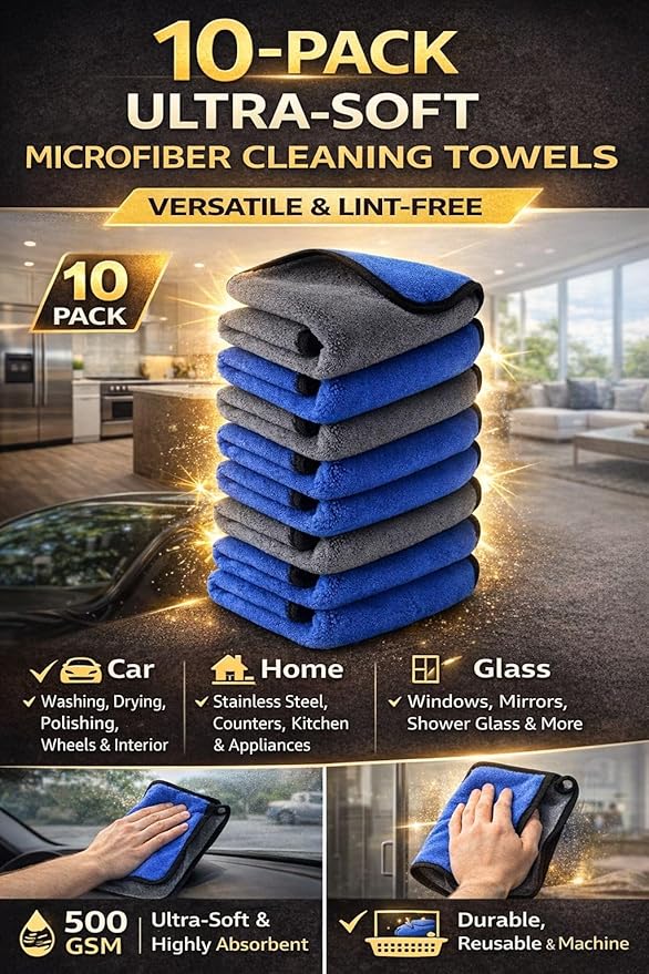 Microfiber Cleaning Towel for Kitchens and Cars, 10 Pack. Ultra-Soft, Thick, Quick-Drying, 500GSM, for Car Polishing and Detailing