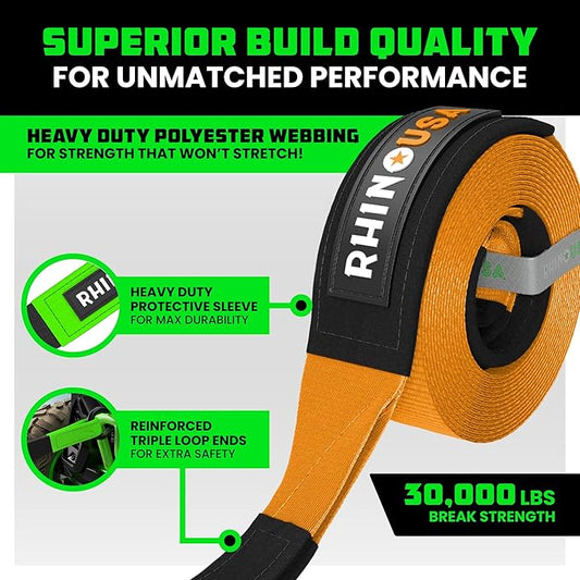 Rhino USA Recovery Tow Strap (3"x20')- 31,518lb Break Strength- Emergency Recovery Strap Tow Rope for Truck, UTV, ATV & More- Heavy Duty Towing Strap for Offroad 4x4 Use- Compatible with Jeep (Orange)