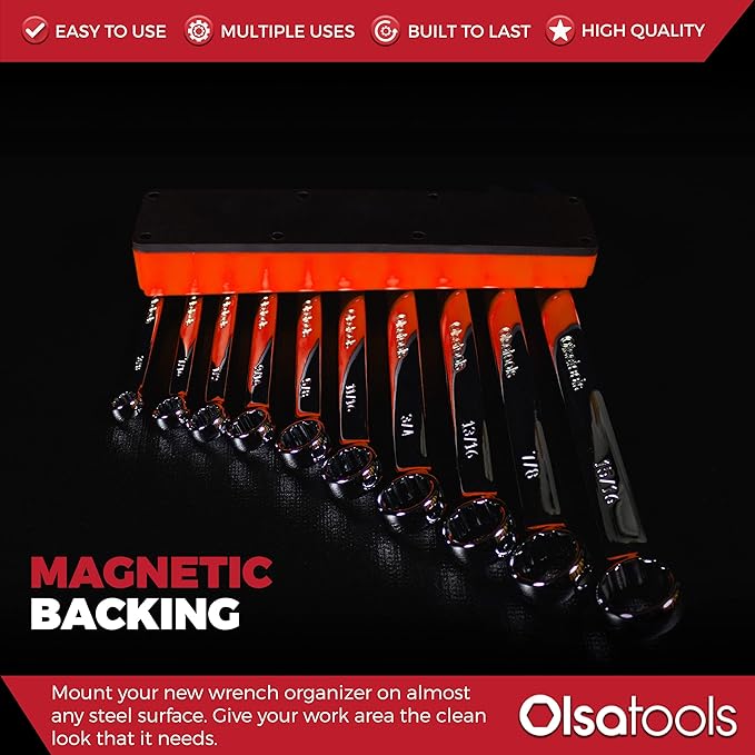 Olsa Tools Magnetic Wrench Holder Organizer - Orange - Fits SAE 3/8" to 15/16" & Metric 10mm to 19mm - Durable Tool Storage Solution - Part 1559