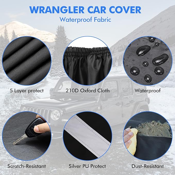 NEVERLAND Car Covers for Jeep Wrangler 2 Door Waterproof Car Covers, All Weather Protection Jeep Sun Rain Protection for Wrangler 2 Door Fits JK JL 2007-2025 Outdoor Covers Black