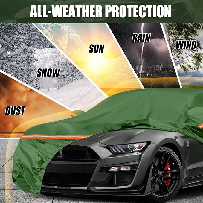 Waterproof Car Covers Replace for 1994-2025 Ford Mustang, Multilayer Heavy Duty with Cotton Liner All Weather Car Cover with Zipper Door, Windproof Bands for Snow Rain Dust Protection (Mustang)