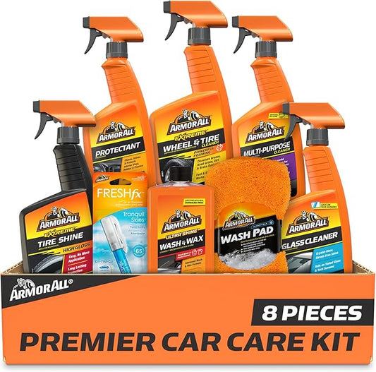 Armor All Premier Car Care Kit, Includes Car Wax & Wash Kit, Glass Cleaner, Car Air Freshener, Tire & Wheel Cleaner (8 Piece Kit)