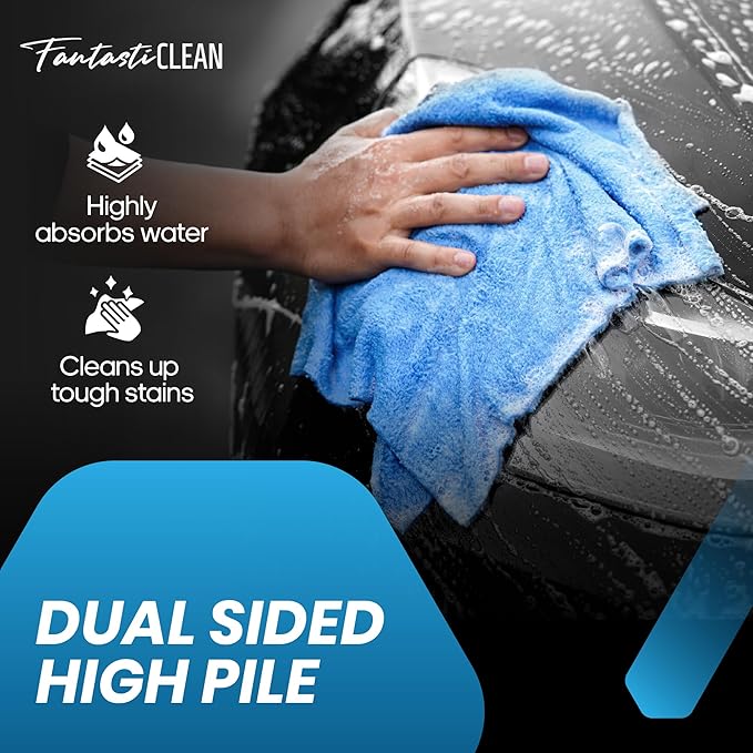 Fantasticlean Microfiber Towels for Cars, Tear Away Car Detailing Cloth Roll, RV Boat Drying Polishing, Edgeless Plush, Coral Fleece, Ultra Absorbent, Scratch-Free, 14" x 14", 20 Pack (Blue)