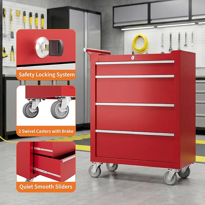 IDEALHOUSE Rolling Tool Chest, 4 Drawers Tool Storage Cabinet, Toolbox with Wheels, Portable Tool Cabinet Organizer with Locking System & Drawer Liners, Tool Storage Cart for Garage, Workshop, Red