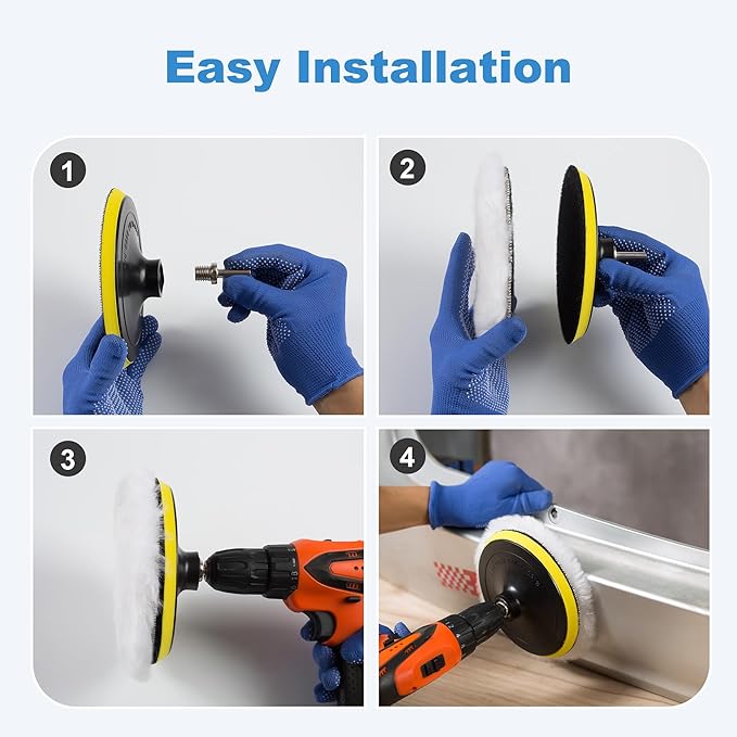 S SATC Wool Polishing Buffing Pad Car Buffer Polisher Pads Kit with 4PCS 6 Inch Buffing Pad M14 Drill Adapter and Hook and Loop Back, Drill Polisher Attachment for Car Polishing, Waxing