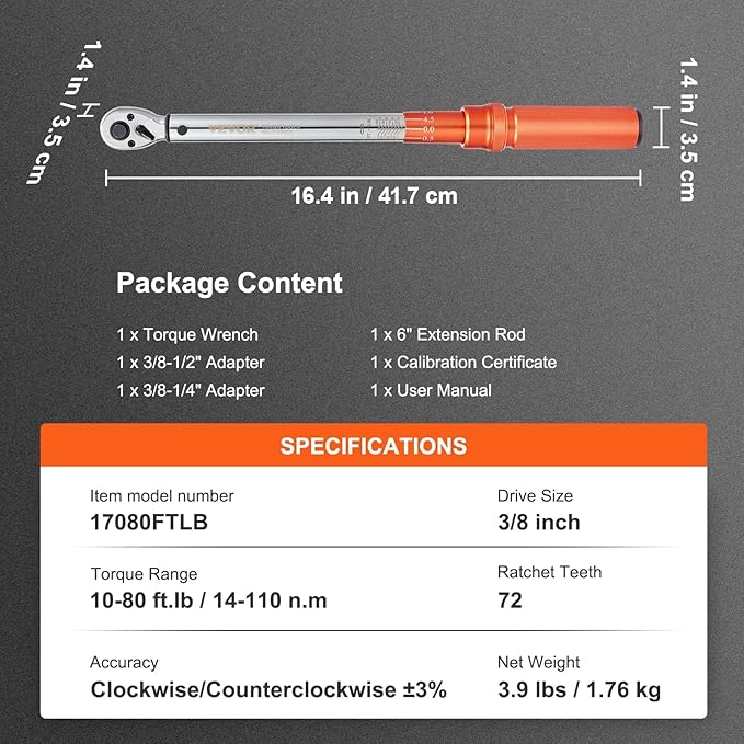 VEVOR 3/8-inch Drive Click Torque Wrench 10-80ft.lb/14-110n.m, Dual-Direction Adjustable Torque Wrench Set with Mechanical Dual Range Scales and Adapters Extension Rod