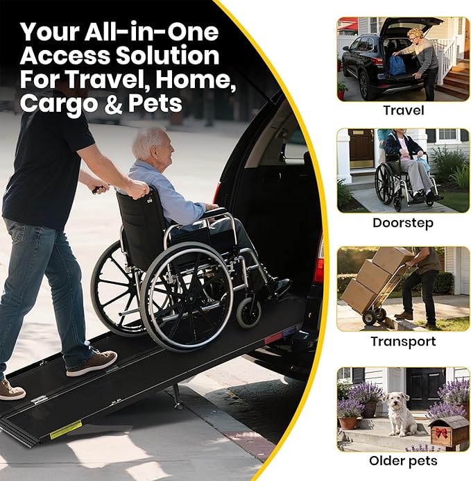 8FT Portable Wheelchair Ramp with Quick-Lock, Black Seamless Non-Slip Aluminum Folding Handicap Ramp,Threshold Ramp for Doorways, Wheel Chair Ramp for Home Steps