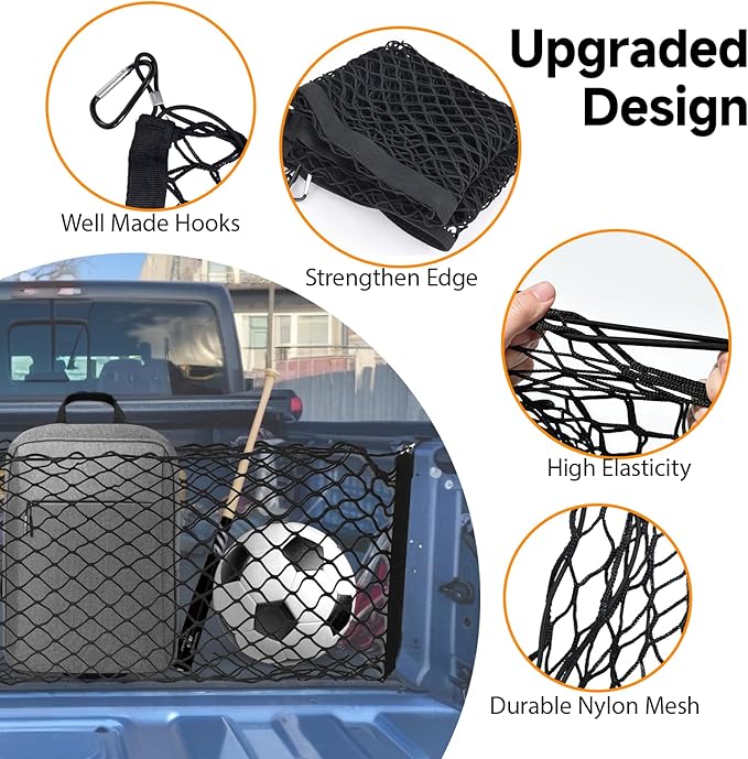 Truck Bed Cargo Net Trunk Netting Fit for All Pickup Trucks, SUV,Cars & Trailers,(51.2"x17.8" to 65"x17.8") Double Thick Heavy Duty Pickup Truck Bed Organizer-5mm Bungee,4 Metal Hooks