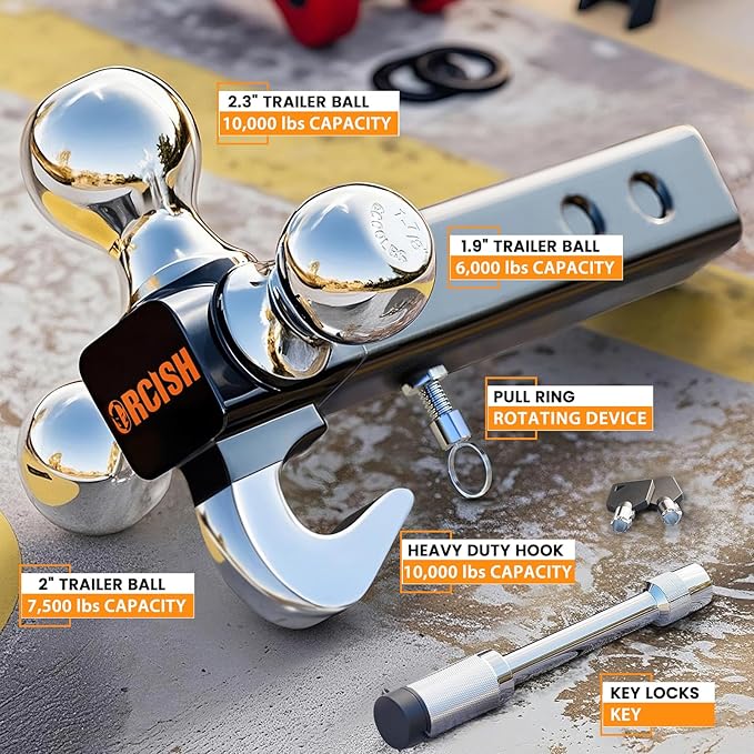 ORCISH 360° Swivel Trailer Hitch, Tri-Ball Mount with Heavy Duty Hook & Anti-Theft Lock, Chrome-Plated Trailer Ball Size 1-7/8", 2" and 2-5/16", Fit 2 Inch Hitch Receiver, Rotating Tow Hitch