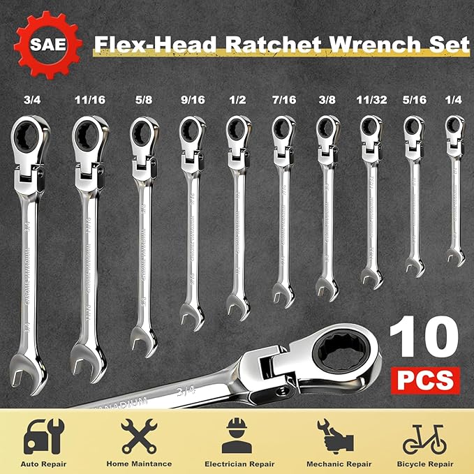 Egofine Flex Head Ratcheting Wrench Set 10 Piece, SAE Wrench Set, CR-V Steel 1/4" to 3/4" Wrench, 72-Teeth Combination wrench set, Chrome plated Ratchet Wrenches Set with Tool Roll Bag