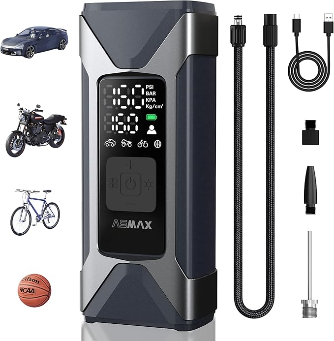 ASMAX T10 Tire Inflator Portable Air Compressor, 160PSI Cordless Electric Air Pump with 7500mAh Battery, Digital Gauge, Auto Shut-Off, Fast Inflation for Car, Motorcycle, Bike, Bicycle, Balls
