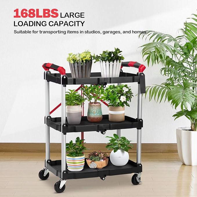 PioneerWorks Folding Utility Service Cart, Collapsible Cart with Wheels, 3 Tier Rolling Utility Cart, Folding Cart with Wheels Collapsible, Service Cart for Tool, Grocery, Bar, Garage, Kitchen, Office