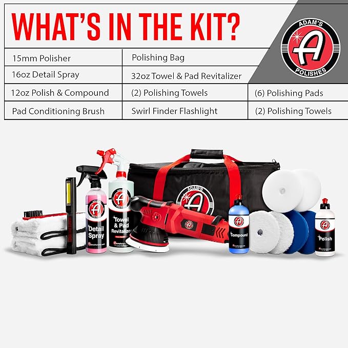Adam's 15mm SK Pro Car Polisher Kit (16 Item) - Professional Buffer Polisher for Car Detailing & Scratch Repair - Includes Microfiber Towels, Polish, Compound, Pads, Tools, Carry Tote, & More
