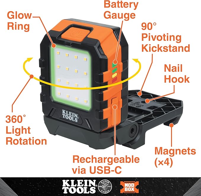 Klein Tools 56416 Rechargeable LED Work Light, 1000-Lumens, Magnetic Work Light with 3 Modes, 360-Degree Rotation and Kickstand, Compatible with MODbox Rail System