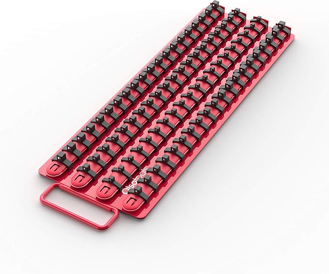 Olsa Tools Socket Organizer Tray - Portable Red Rail with Black Clips - Stores 80 Sockets Securely - Professional-Grade Socket Holder - Part 1047