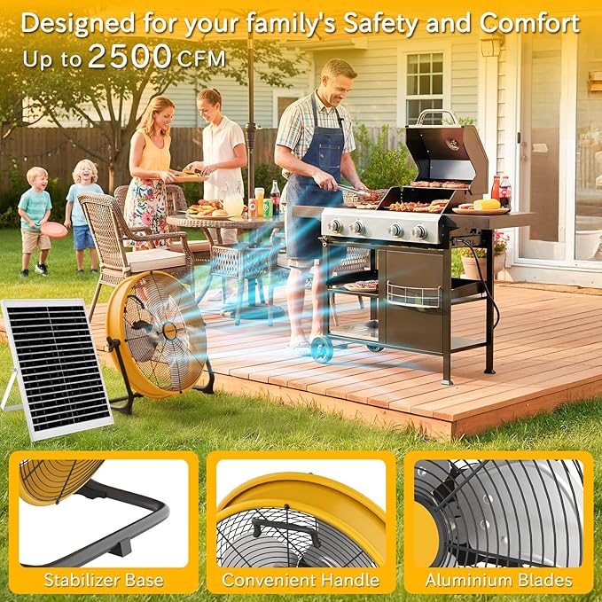 T-SUNUS 16" Solar Powered Floor Fan with 25W Panel & 15600mAh Battery, 2500 CFM Strong Airflow, 4-25H Runtime, USB Phone Charging, 360° Tilt, Quiet for Camping, Patio, Garage, Shed, Tent, RV, Outdoor