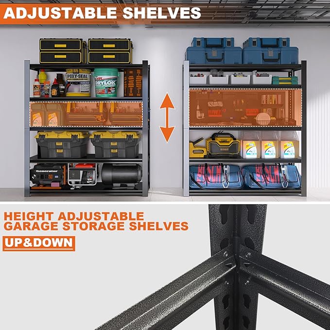 HYCHIKA 5-Tire Garage Shelving Units Storage Shelves Rack, 72 Inches Height Heavy Duty Adjustable Steel 3000 lbs Industrial Metal Shelf for Basement, Garage Organization (72" H x 59" W x 24" D)