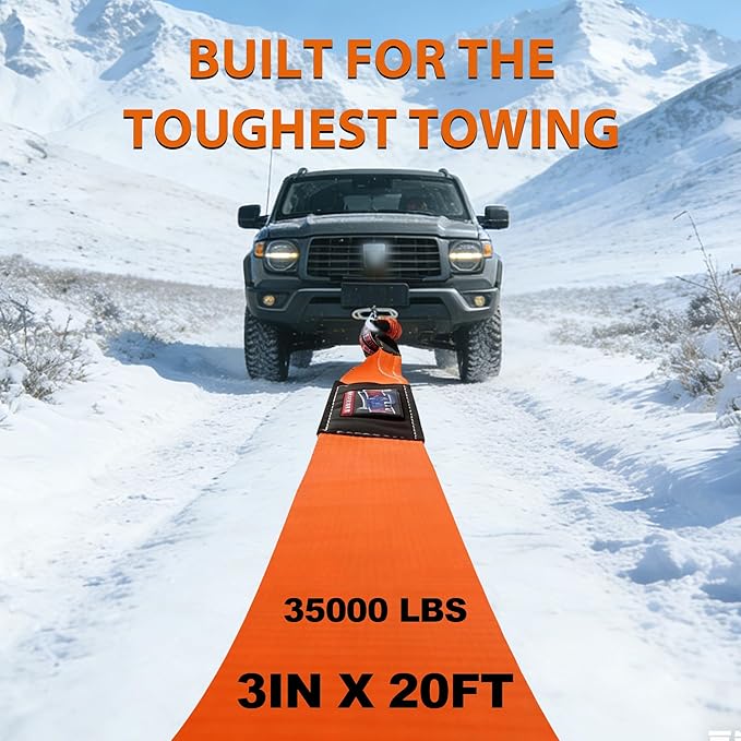 Recovery Tow Strap with Reinforced Loops 3" x 20ft Heavy Duty 35000 LBS Break Strength Emergency Recovery Tow Strap Winch Extension Rope for Car, Truck, Jeep, ATV, SUV, Tree Saver, Winch Extension