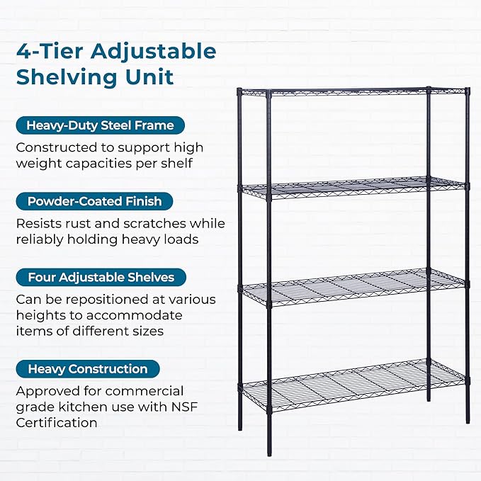 Honey-Can-Do 4-Tier Heavy-Duty Adjustable Shelves, Metal Storage Rack with 350-lb Shelf Capacity, Black, 18" W x 48" L x 72" H
