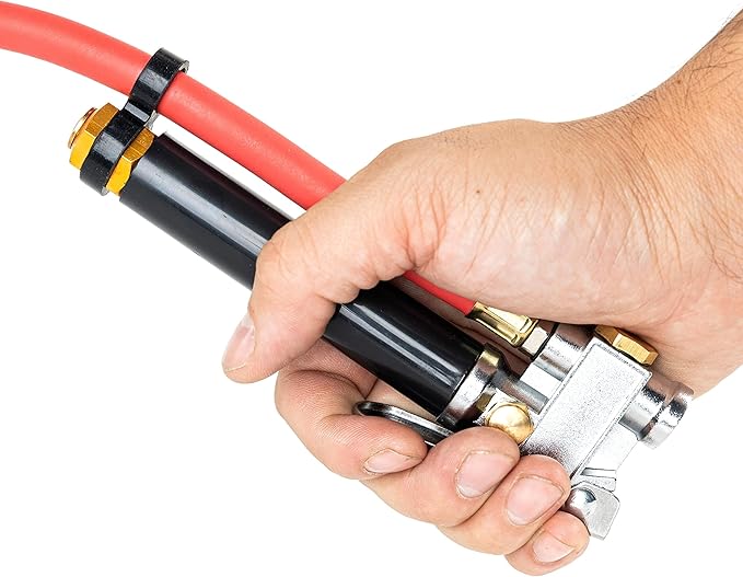 NEIKO 20701A Tire Inflator | 12 Inch | Flexible Air Tire Pressure Gauge | 20 – 120 PSI | 1/4” NPT Offset Dual Head Chuck | Tire Filler with Hose | Aluminum Body and Brass Valves | Stem Valve Caps