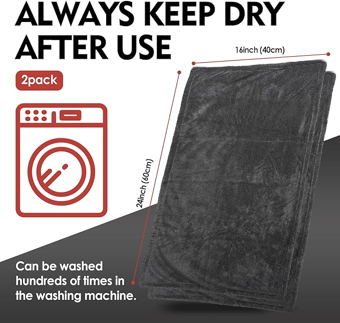 Car Drying Towel, Update Quick Dry Towels for Car, No Streaks & Double Twist Pile Cleaning Supplies, Super Absorbent Gray Towels-24 x16(2pack)