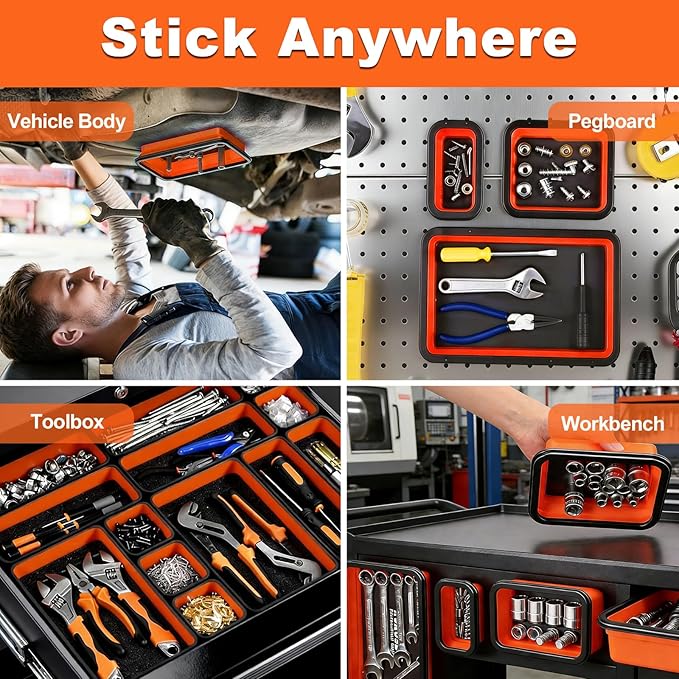 Collapsible Magnetic Parts Tray Set with Extra Strong Magnet Up to 18LB, 3 Different Size Silicone Foldable Tool for Organizing Screw Bolts Nuts Washers Pins and Other Small Metal Parts - Orange