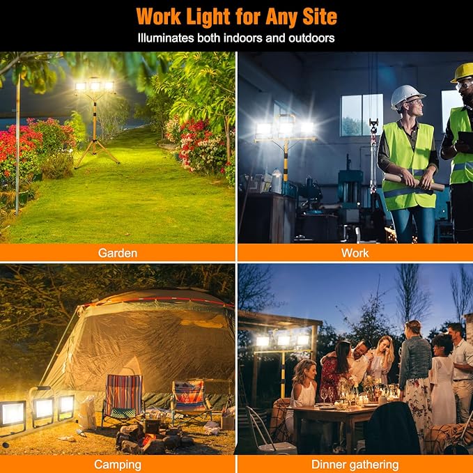 LED Work Lights with Stand, 21000 Lumen, 2-Head Adjustable Work Light, Waterproof Foldable Tripod, 6,500 Kelvin, Extended Cord for Outdoor & Indoor Job Sites, Workshops, Construction, Garage Lighting
