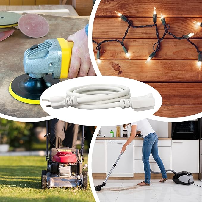 10 ft Heavy Duty Extension Cord - 12/3 SJTW 15 AMP Indoor Power Cord with 3 Prong Grounded Plug for Lawn Mower, Appliances, Workshop, Christmas Lights Water Resistant Flexible Cable White.