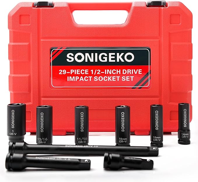 29-Piece 1/2" Drive Impact Sockets Set, 6 Point Deep Standard SAE and Metric CR-V Steel Sockets with 3",5",10" extension bar (Metric and SAE, 1/2" Socket Sets, 29pcs)