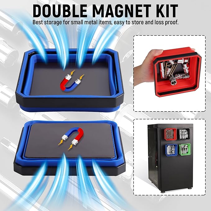 ALOANES Magnetic Parts Tray Set-Collapsible Magnetic Tool Tray Small Parts Organiser with Double Magnet,Magnetic Bowl for Fixing Nuts and Bolts (Blue)