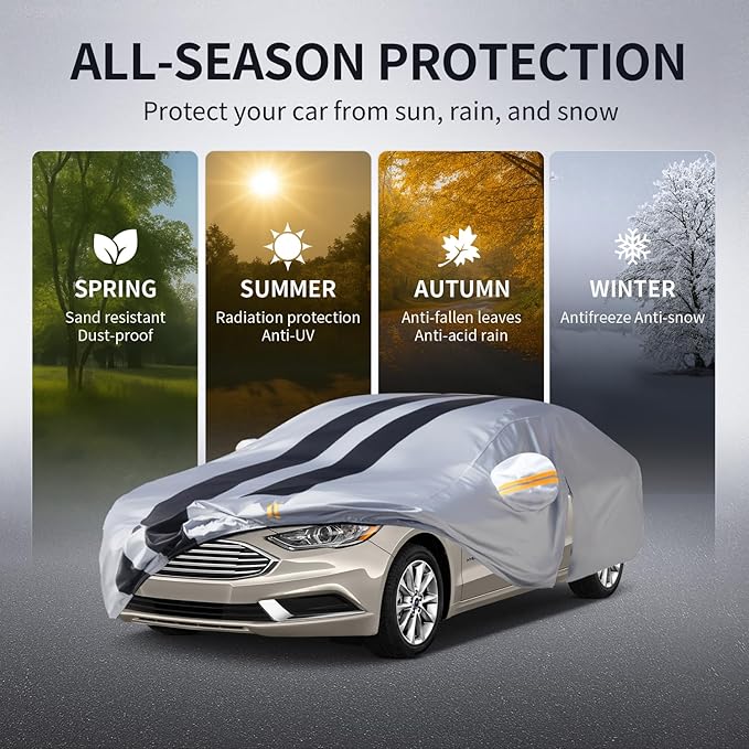 Multi-Layer Car Cover Custom Fit for Ford Fusion(205-2026), 100% Waterproof All Weather for Automobiles, Gift with Towel, Heavy Duty Car Covers for Rain Sun UV Protection with Door Zipper